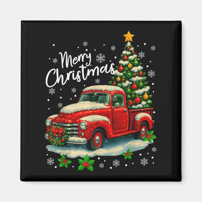 Merry Christmas Red Truck Funny Xmas Tree Family M Magnet (Front)