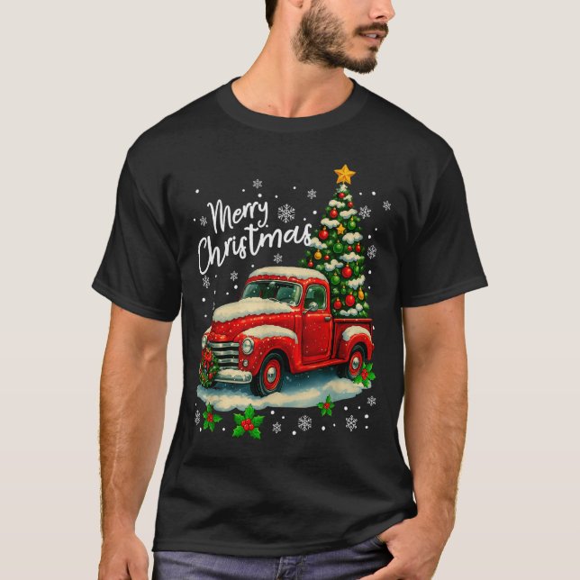 Merry Christmas Red Truck Funny Xmas Tree Family M T-Shirt (Front)