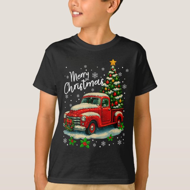 Merry Christmas Red Truck Funny Xmas Tree Family M T-Shirt (Front)