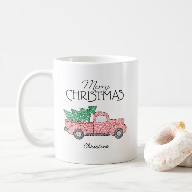 Merry Christmas Red Truck Green Tree with Name Coffee Mug (With Donut)