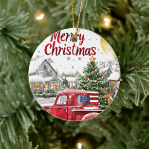 Merry Christmas Red Truck Holiday Ornament