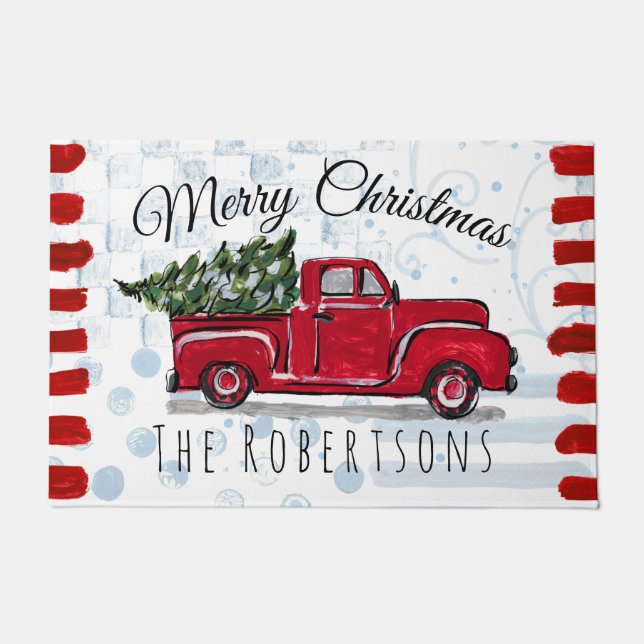 Merry Christmas Red Truck Personalised Door Mat (Front)