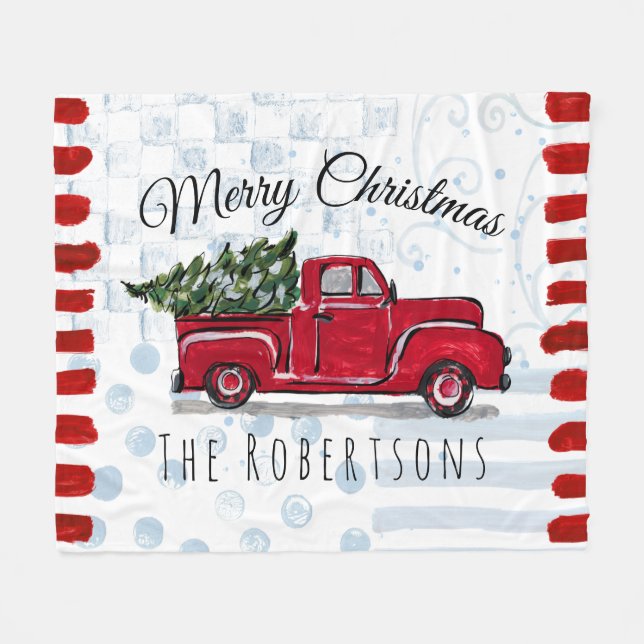 Merry Christmas Red Truck Personalised Fleece Blanket (Front (Horizontal))