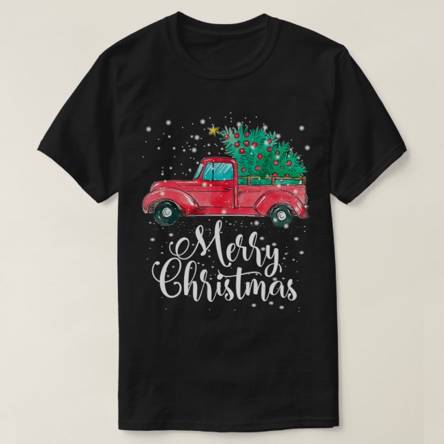 Merry Christmas Red Truck Pick Up Tree Family Paja T-Shirt (Design Front)