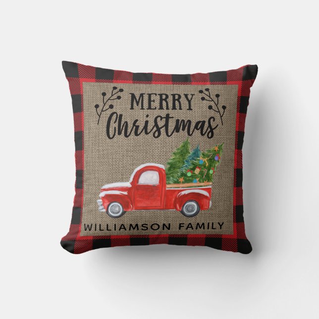 Merry Christmas Red Truck Red Buffalo Check Family Cushion (Front)