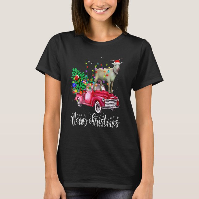 Merry Christmas Red Truck Riding Goat Santa Lights T-Shirt (Front)