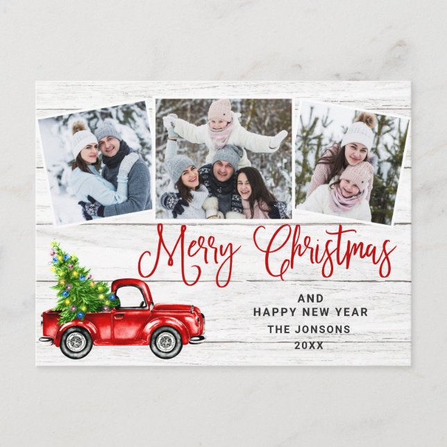 Merry Christmas Red Truck Rustic PHOTO Holiday Postcard (Front)