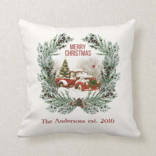 Merry Christmas Red Truck Spruce Wreath Customised Cushion