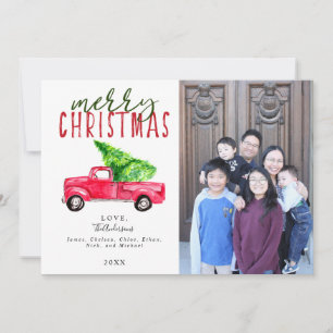 Merry Christmas Red Truck Tree 1 Photo Watercolor Holiday Card