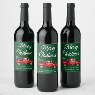 Merry Christmas Red Truck Tree Gifts Lights Green Wine Label