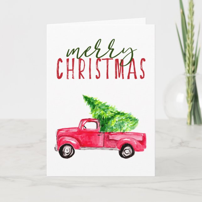 Merry Christmas Red Truck Tree Watercolor Simple Holiday Card (Front)