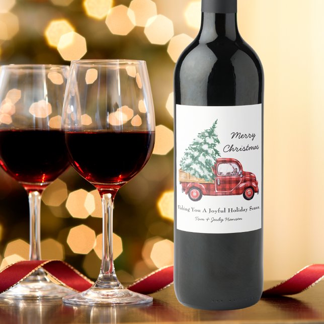 Merry Christmas Red Truck Wine Label (Creator Uploaded)