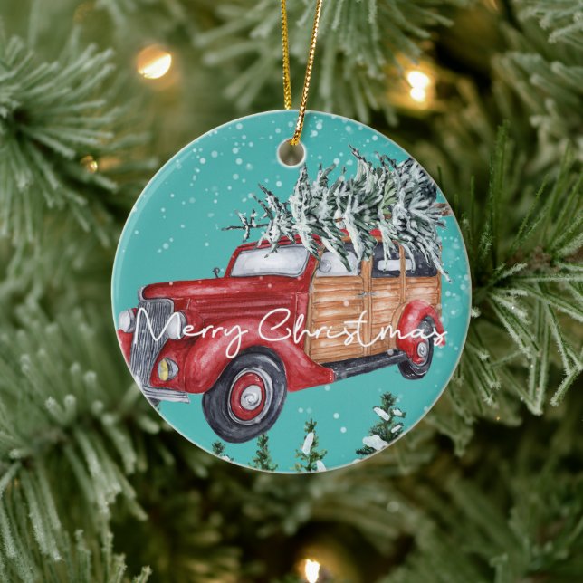 Merry Christmas Red Truck Winter Snowfall Ceramic Tree Decoration (Tree)