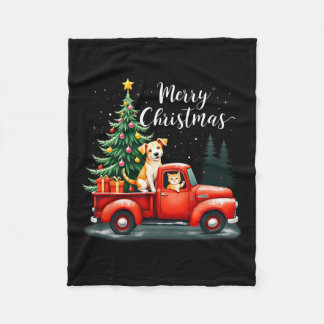 Merry Christmas Red Truck With Dog &amp; Cat Xmas  Fleece Blanket