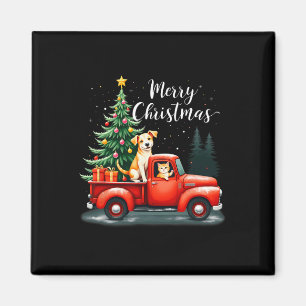 Merry Christmas Red Truck With Dog &amp; Cat Xmas  Magnet