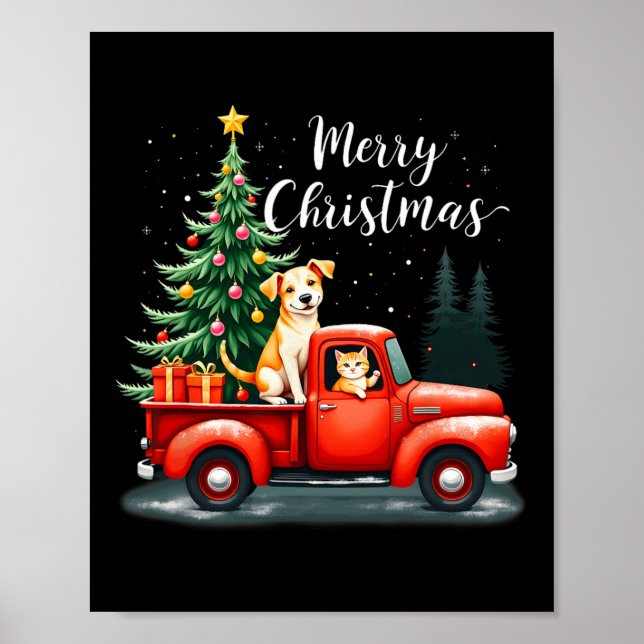 Merry Christmas Red Truck With Dog &amp; Cat Xmas  Poster (Front)