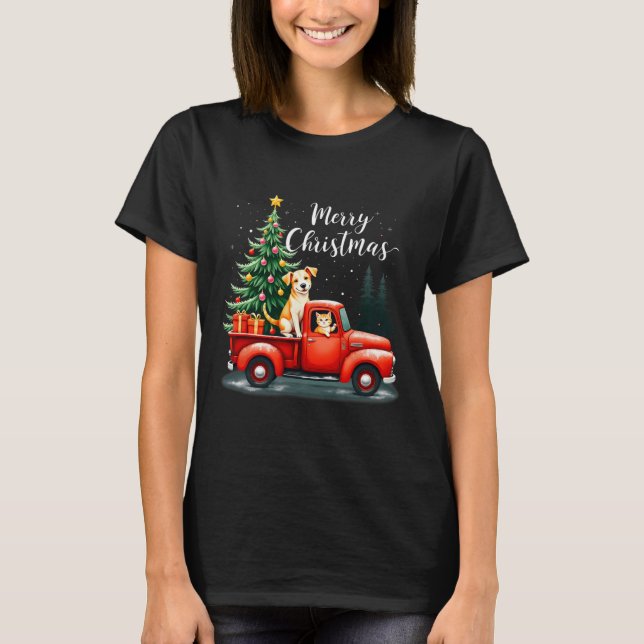 Merry Christmas Red Truck With Dog &amp; Cat Xmas  T-Shirt (Front)