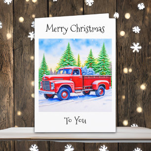 Merry Christmas Red Truck with Pine Trees Holiday Card