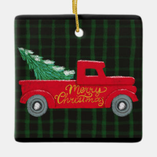 Merry Christmas Red Truck with Tree  Ceramic Ornam Ornament