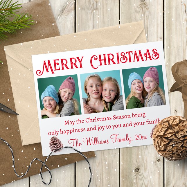 merry christmas,red typography 3 photos collage  postcard (Creator Uploaded)
