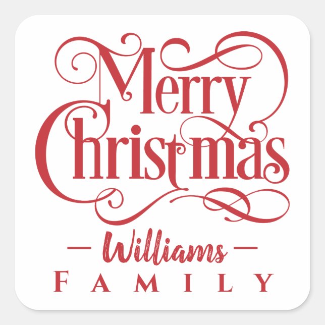Merry Christmas Red Typography Family Name Holiday Square Sticker (Front)