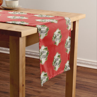 Merry Christmas Red Vintage Greeting Holiday Short Table Runner