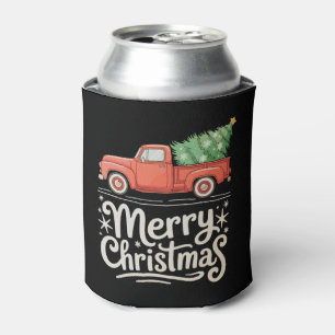 Merry Christmas Red Vintage Truck Tree Holiday Can Cooler