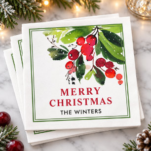 Merry Christmas Red Watercolor Berry Green Frame Napkin