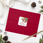 Merry Christmas Red Watercolor Greenery Monogram Square Sticker<br><div class="desc">Holiday sticker design features a beautiful Christmas foliage watercolor design with green leaves and red berries. Custom Merry Christmas with monogram text can be personalised.</div>