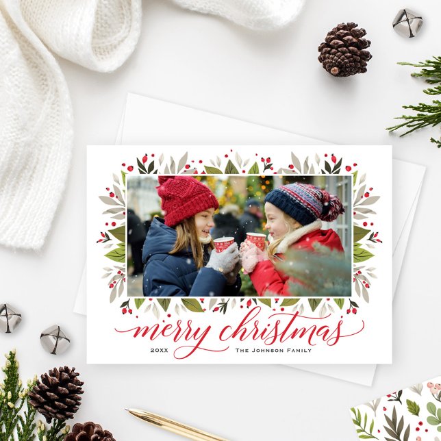 Merry Christmas Red Watercolor Greenery Photo Holiday Card (Creator Uploaded)