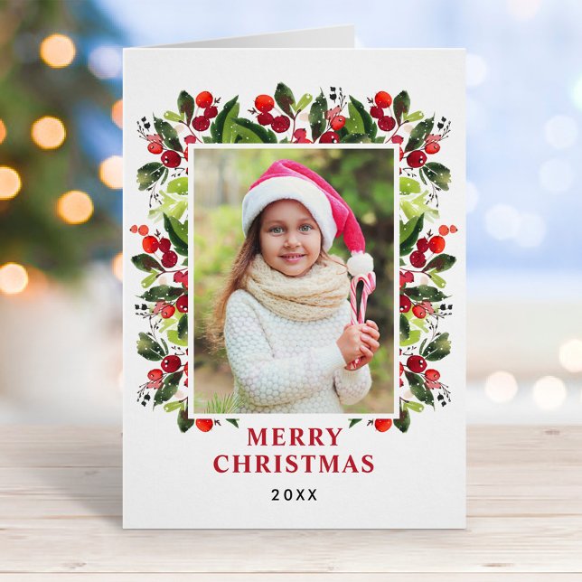 Merry Christmas Red Watercolor Greenery Photo Holiday Card (Creator Uploaded)