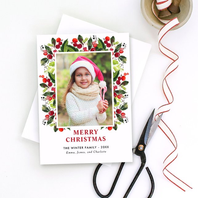 Merry Christmas Red Watercolor Greenery Photo Holiday Card (Creator Uploaded)