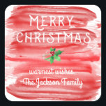 Merry Christmas Red Watercolor Holly Custom Square Sticker<br><div class="desc">Celebrate the season with these fun stickers featuring hand-lettered "Merry Christmas" wording set against a painterly red watercolor background. A festive sprig of holly is centred above your custom greeting and name. Creative and artsy with a bit of a retro/vintage in style - holiday stickers that are sure to make...</div>