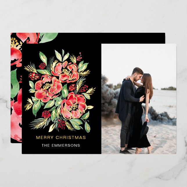 Merry Christmas red watercolor roses  Foil Holiday Card (Front/Back)