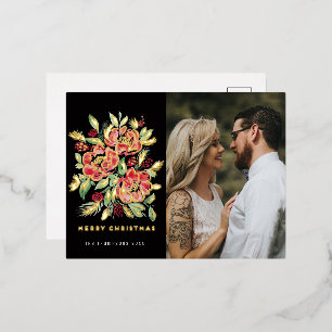 Merry Christmas red watercolor roses photo Holida Foil Holiday Postcard