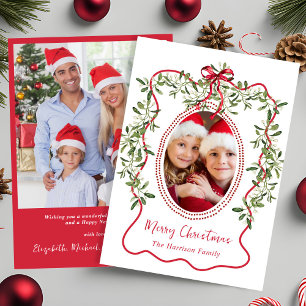 Merry Christmas Red Wavy Frame Bow Greenery Photo Holiday Card