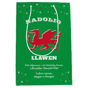Merry Christmas Red Welsh Dragon Nadolig Llawen Medium Gift Bag