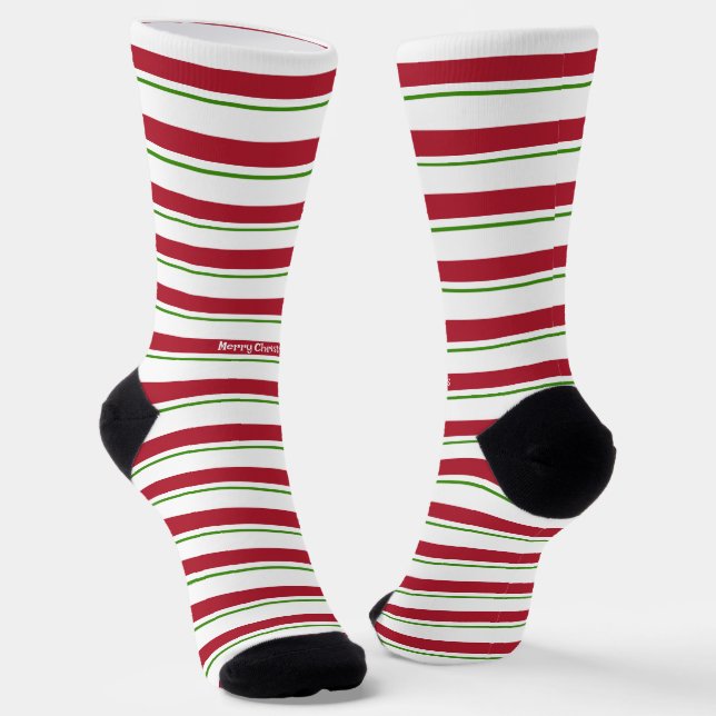 Merry Christmas Red White and Green Striped Socks (Angled)