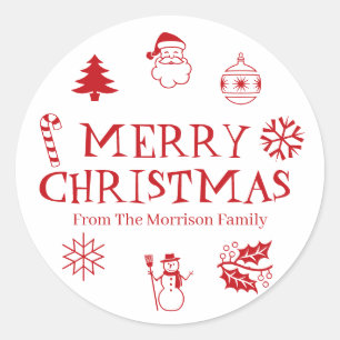 Merry Christmas red white custom name cute favour Classic Round Sticker