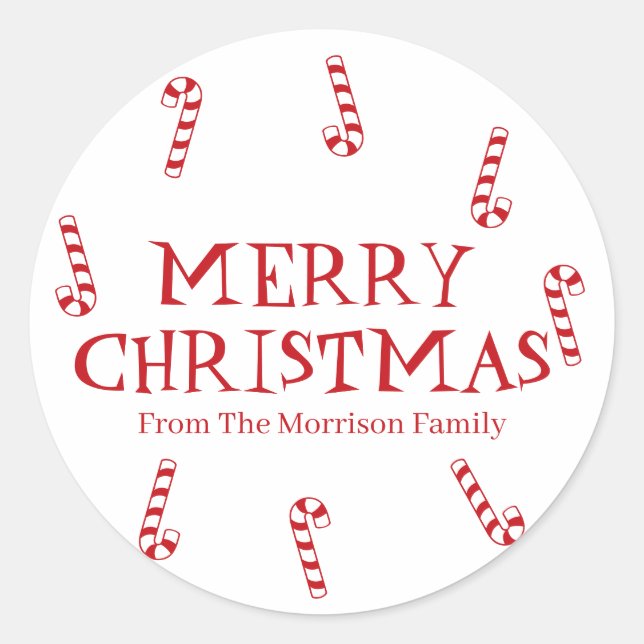 Merry Christmas red white custom name gift favour Classic Round Sticker (Front)