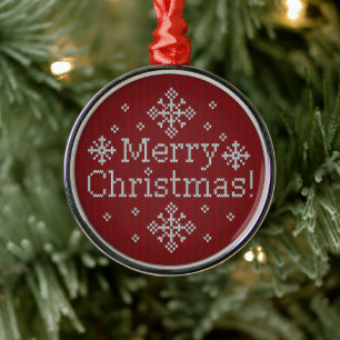 Merry Christmas Red & White Faux Knit Metal Tree Decoration