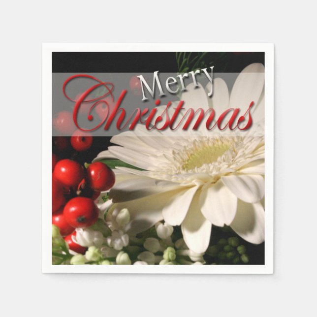 Merry Christmas Red White Holiday Flowers Napkin (Front)