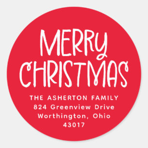 Merry Christmas red white holiday return address Classic Round Sticker