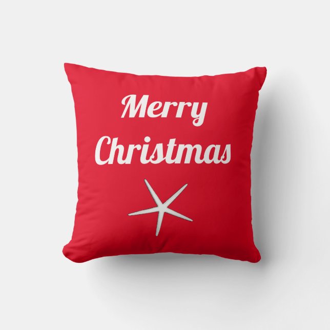 Merry Christmas Red White Nautical Starfish Gift Cushion (Front)