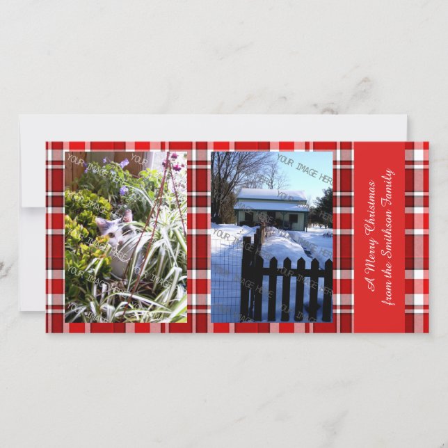 Merry Christmas Red White Plaid Tartan Holiday Card (Front)