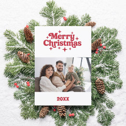 Merry Christmas red white retro photo card