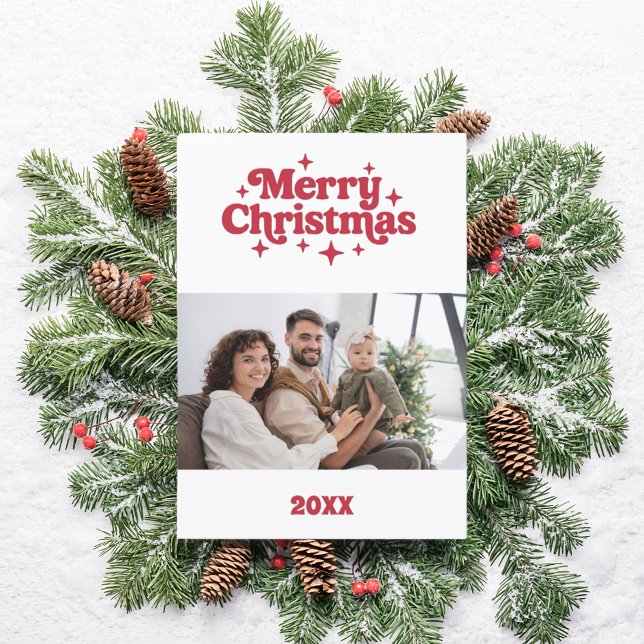 Merry Christmas red white retro photo card (Creator Uploaded)