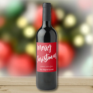 Merry Christmas Red & White Script & Name Set of 6 Wine Label