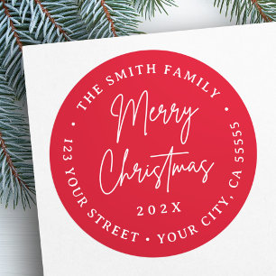Merry Christmas red white script return address Classic Round Sticker