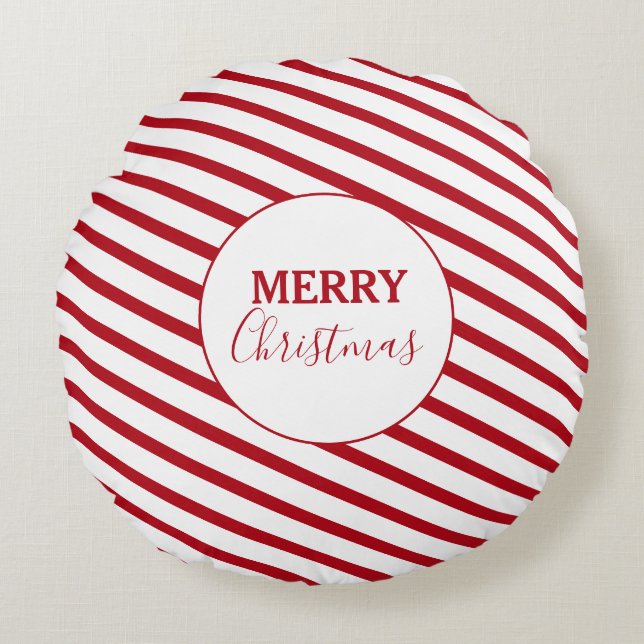 Merry Christmas Red & White Stripes Candy Cane Round Cushion (Front)